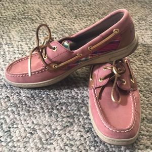 Sherry Boat shoes, pink with plaid accents.